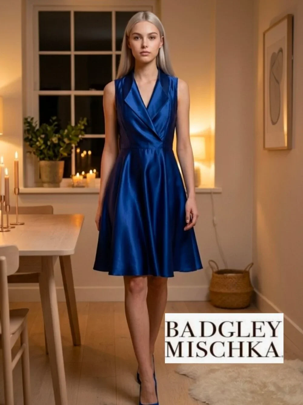 BADGELY MISCHKA Blue tuxedo top midi dress. Formal. 8